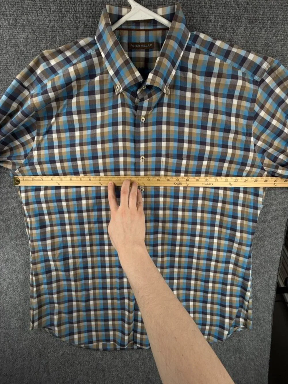 Peter Millar Blue Brown Check Button Up Shirt 2XL Cotton Long Sleeve Woven Adult